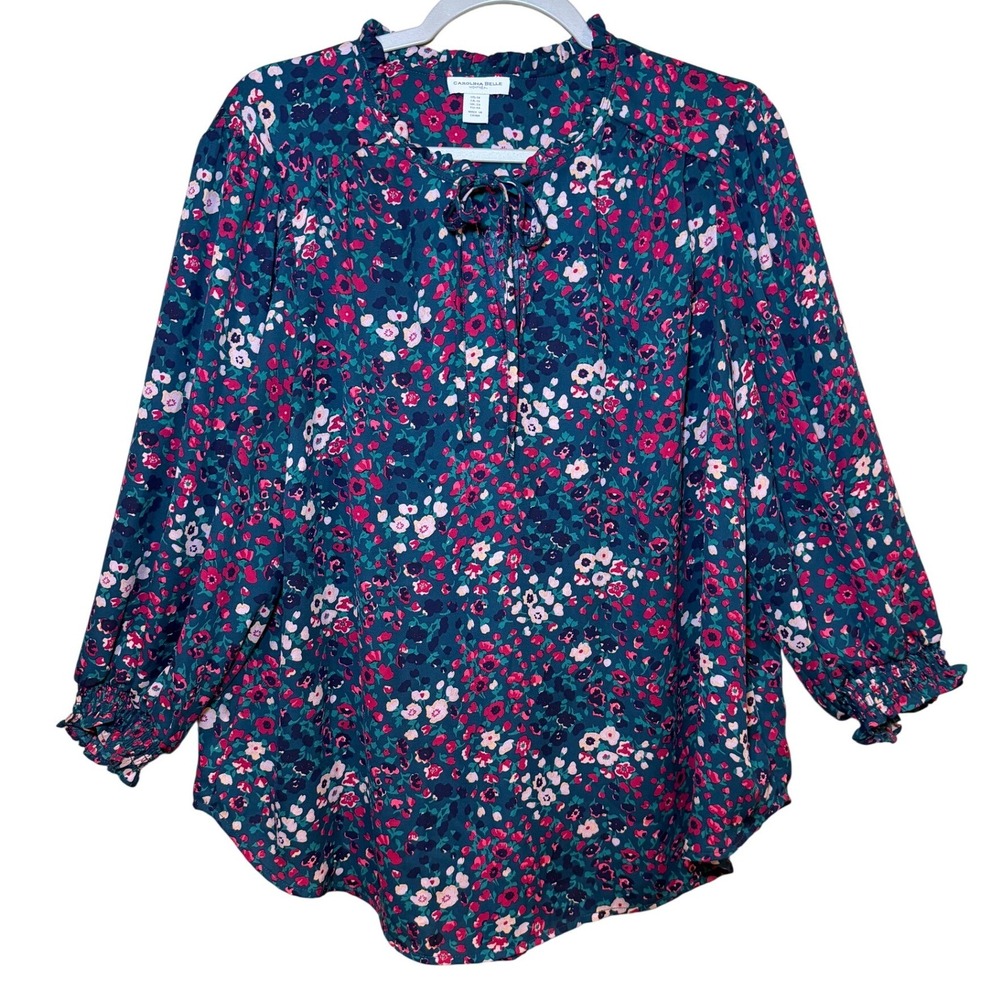 Carolina Belle‎ Blouse 1X Green Red Floral Ruffle Neck Feminine Boho Romantic